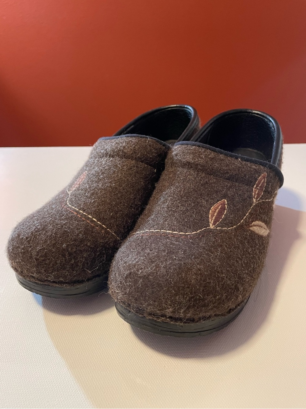 Dansko Women’s Brown Wool Felt Leaf Embroidered Slip On Comfort Platform Clogs